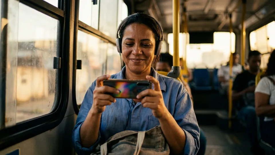 Mulher sentada no ônibus assistindo a um vídeo no celular com fone de ouvido, no fim da tarde.