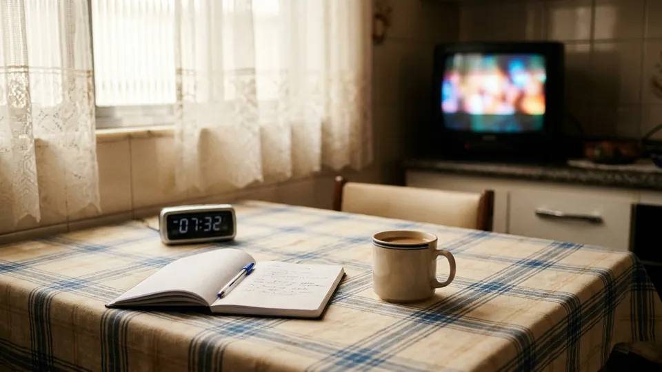 Mesa de cozinha com xícara de café, caderno aberto e rádio-relógio, com uma televisão ligada ao fundo pela manhã.