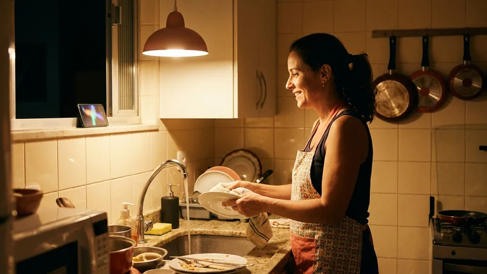 Mulher de avental secando louça na pia da cozinha à noite, olhando um celular apoiado no armário.