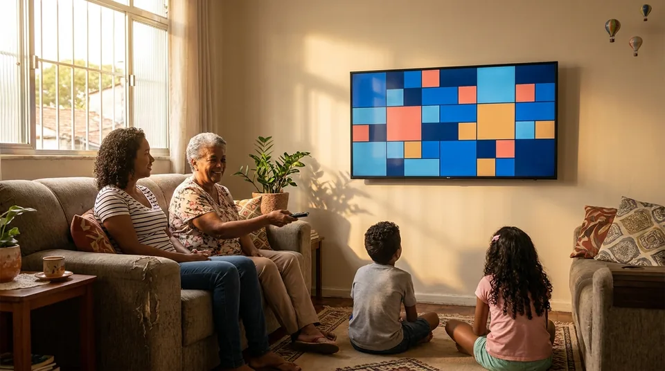 Avó, mãe e duas crianças na sala de casa assistindo juntas à Smart TV no fim da tarde.