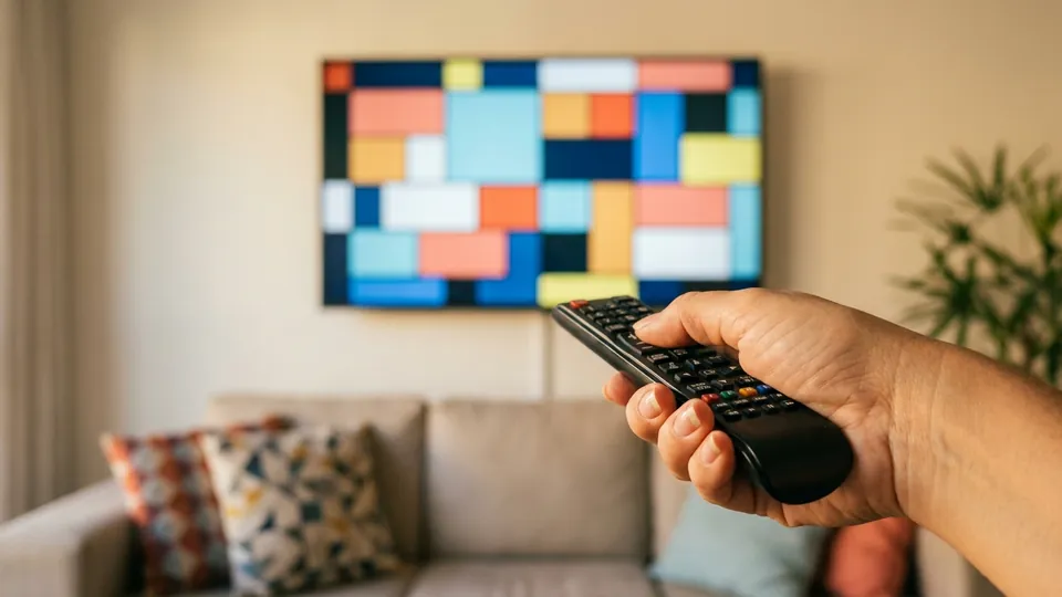 Mão segurando o controle remoto apontado para uma Smart TV que exibe uma grade colorida de canais.