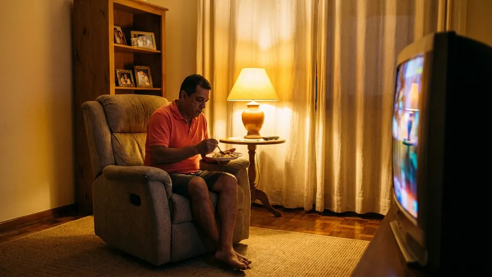 Homem jantando numa poltrona da sala à noite, com a televisão ligada ao lado e abajur aceso.