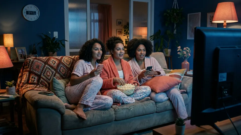 Três mulheres de pijama no sofá da sala de madrugada, com pipoca e celular na mão, assistindo à televisão.