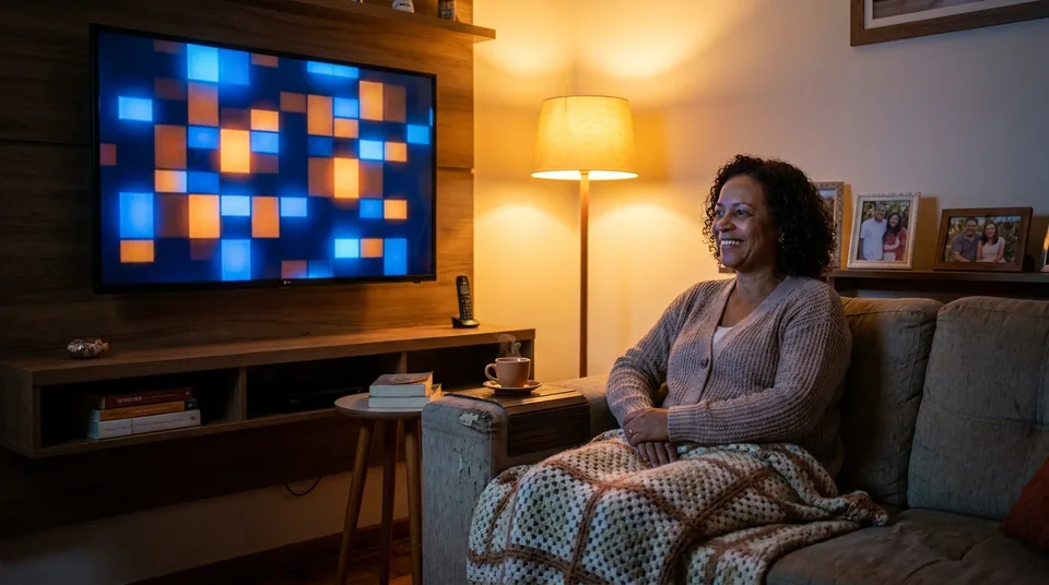 Mulher no sofá da sala à noite, coberta com uma manta, assistindo à televisão.