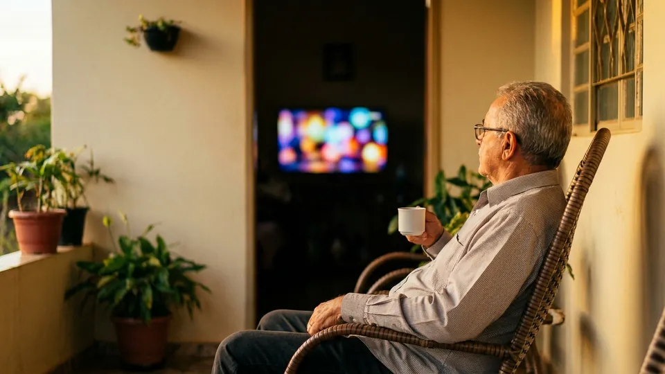 Senhor de óculos sentado numa cadeira de balanço na varanda, com café na mão, olhando a televisão ligada dentro da sala.